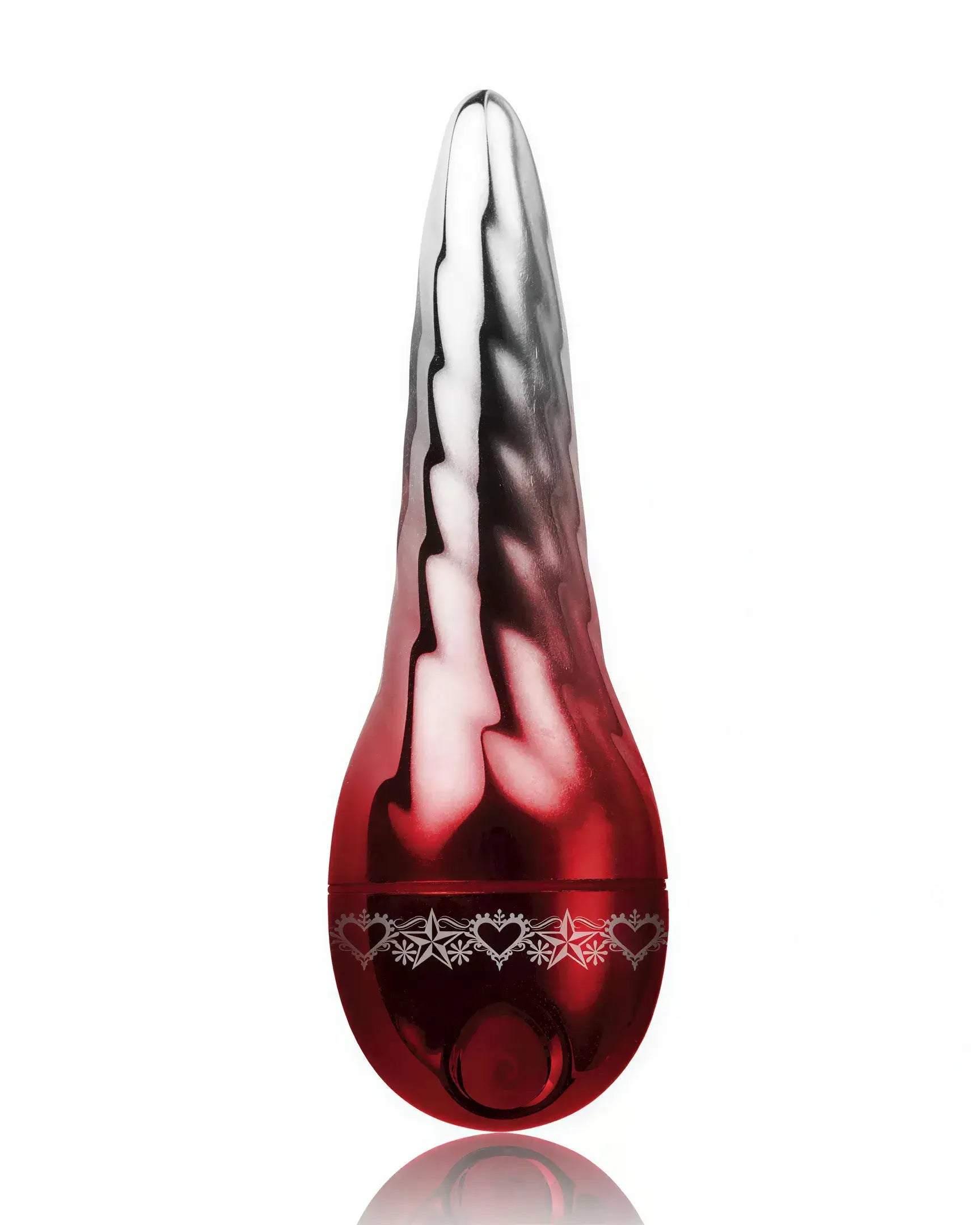 Rocks Off Joycicles vibrator in a sleek red and silver design, featuring a tapered shape and decorative heart pattern.