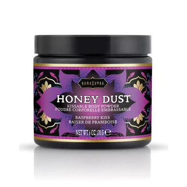 Kama Sutra Honey Dust raspberry kiss body powder in a black jar with purple and gold floral design, 170g.