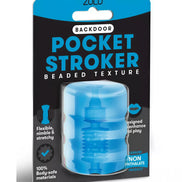 Zolo Backdoor Pocket Stroker in blue packaging, featuring a beaded texture and labeled as body-safe and flexible.