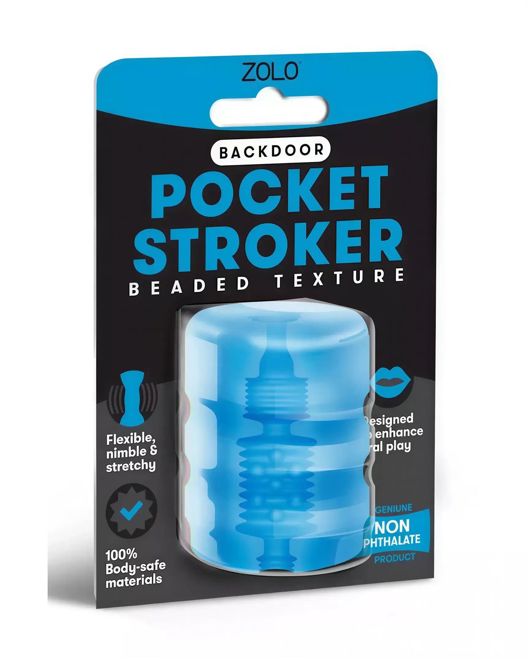 Zolo Backdoor Pocket Stroker in blue packaging, featuring a beaded texture and labeled as body-safe and flexible.