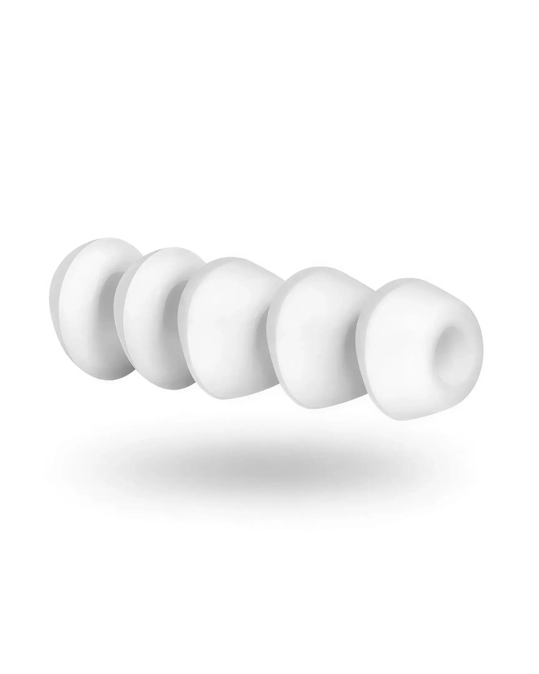 Satisfyer Pro 2 Next Generation climax tips in white, featuring four different silicone attachments arranged in a row.