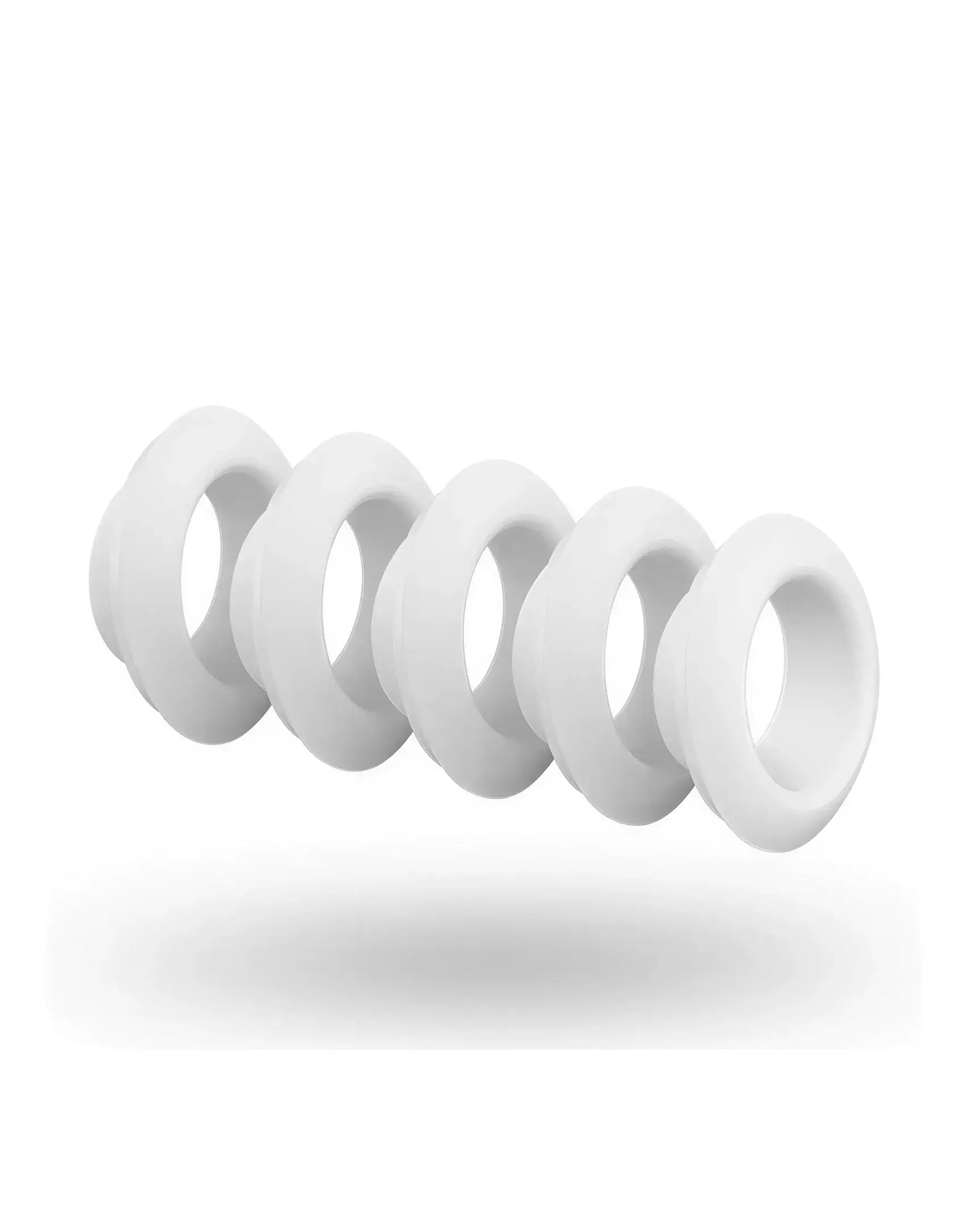 Satisfyer Pro Deluxe Next Generation Climax Tips in white, featuring five soft silicone rings arranged in a row.