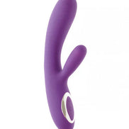 Purple Share Satisfaction Tisa heating vibrator with a sleek design and dual stimulation features, angled for comfort.