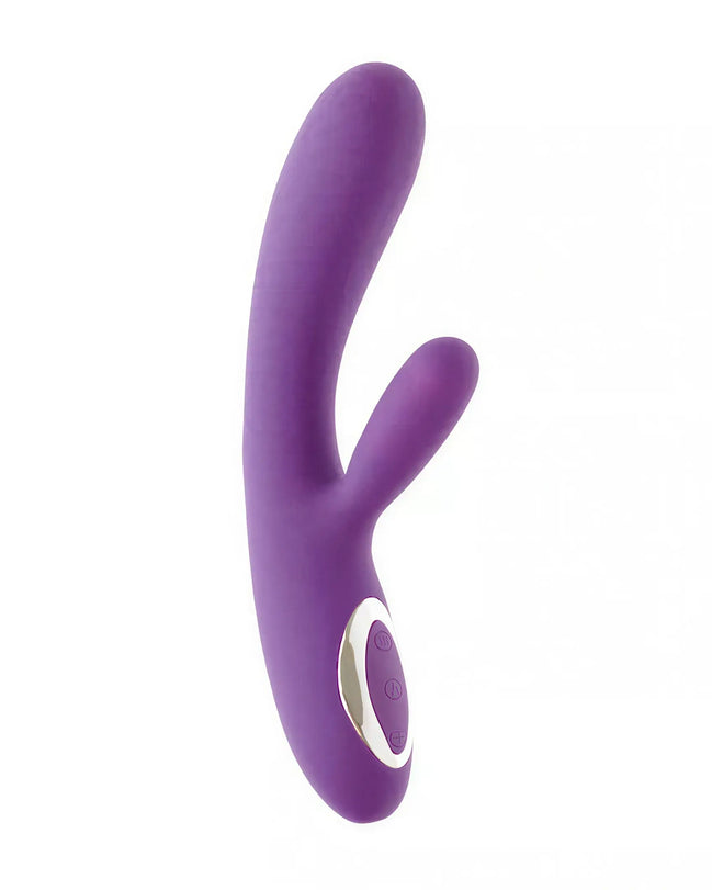 Purple Share Satisfaction Tisa heating vibrator with a sleek design and dual stimulation features, angled for comfort.