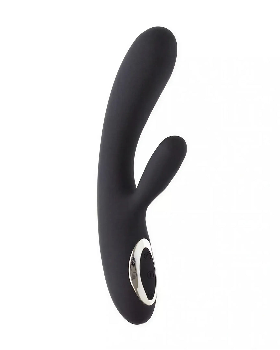 Share Satisfaction Tisa heating vibrator in black silicone with a curved design and silver control button.