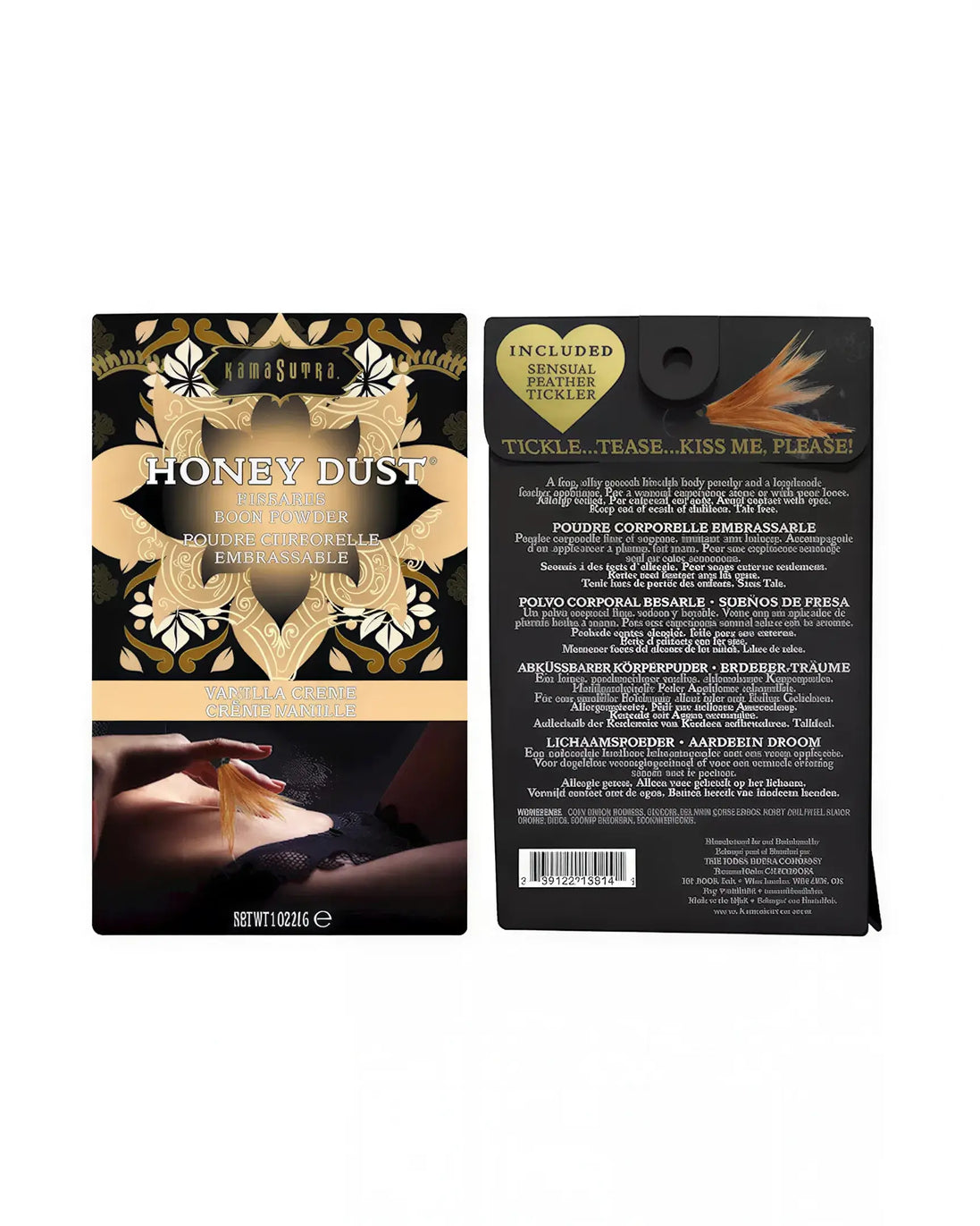 Kama Sutra Honey Dust kissable body powder in Vanilla Creme, 28g packaging with decorative design and product details.