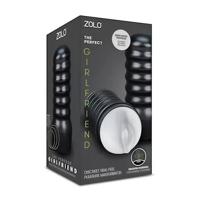 Zolo male masturbator in a hard shell packaging, featuring a textured black exterior and a white interior.