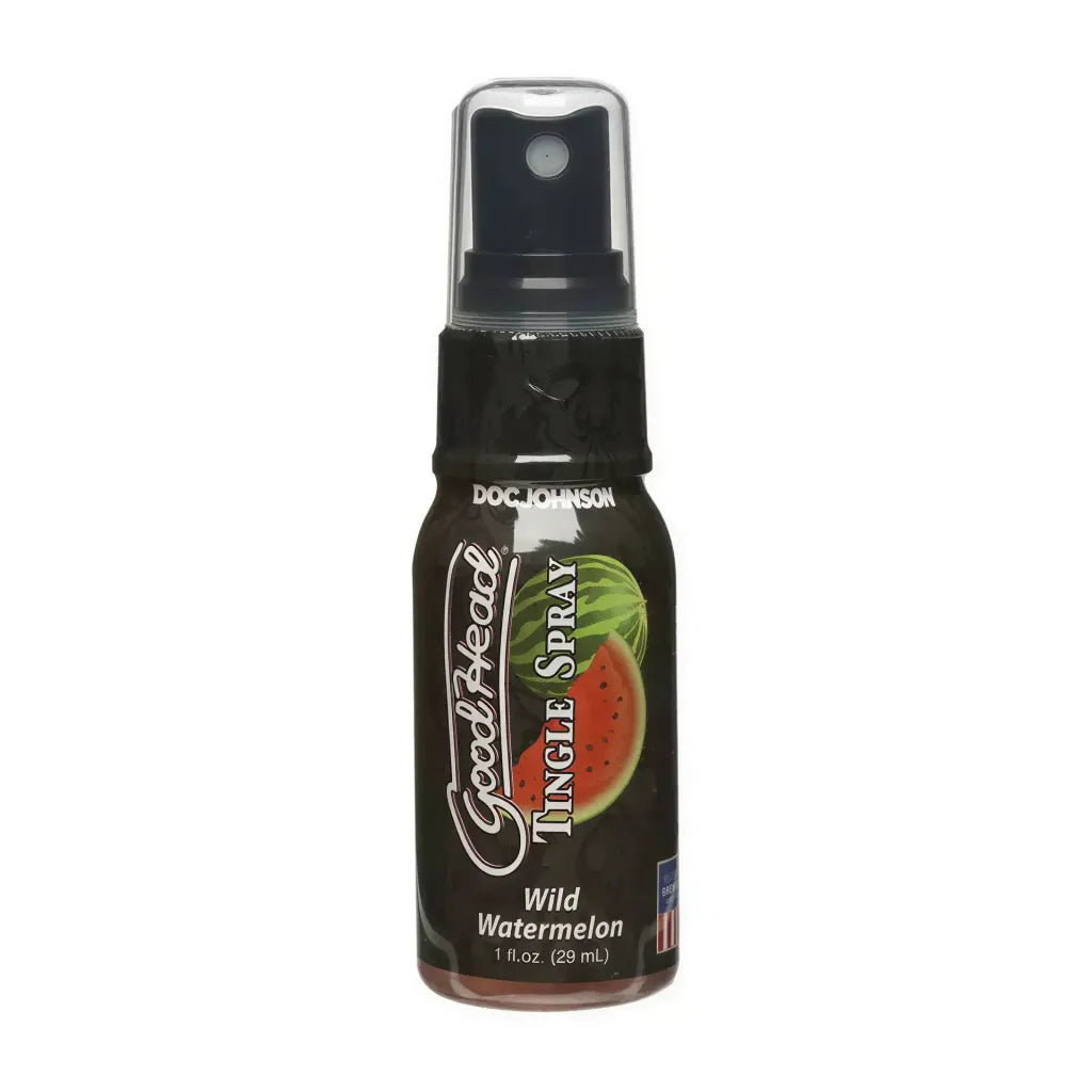 Goodhead Tingle Spray in a 1.1 oz bottle, featuring a black label with watermelon graphics and a spray nozzle.