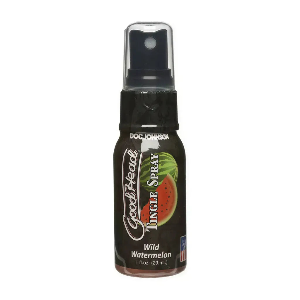 Goodhead Tingle Spray in a 1.1 oz bottle, featuring a black label with watermelon graphics and a spray nozzle.