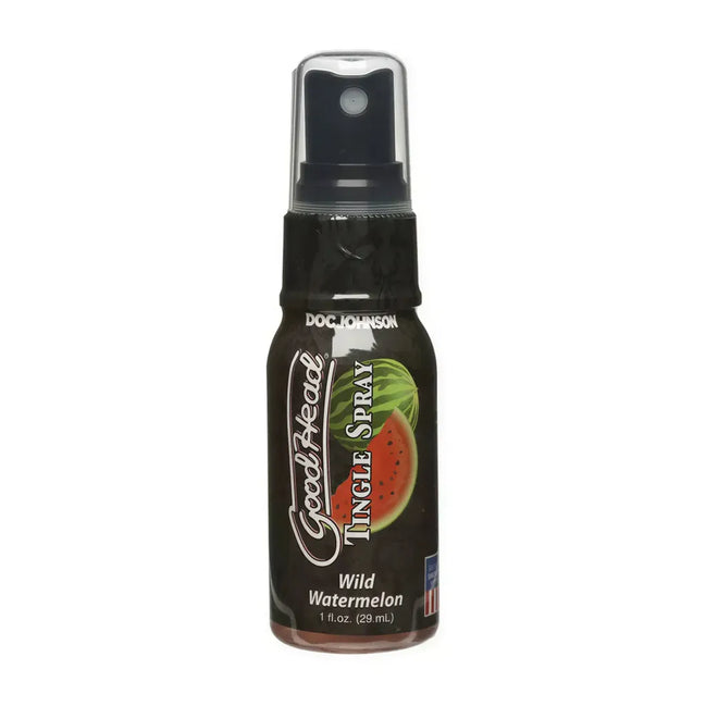 Goodhead Tingle Spray in a 1.1 oz bottle, featuring a black label with watermelon graphics and a spray nozzle.