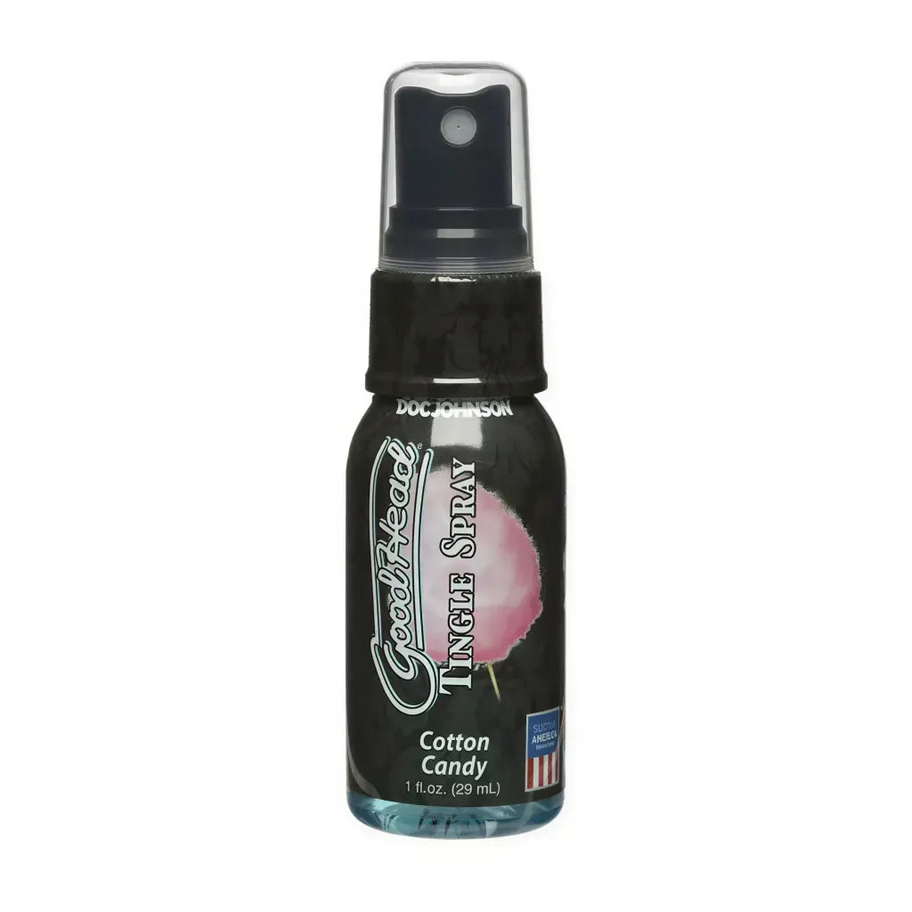 Goodhead tingle spray in a 1 oz bottle with a black label and cotton candy flavor.