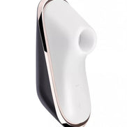 Satisfyer Pro Traveler in white and black with rose gold accents, featuring a curved design and control buttons.