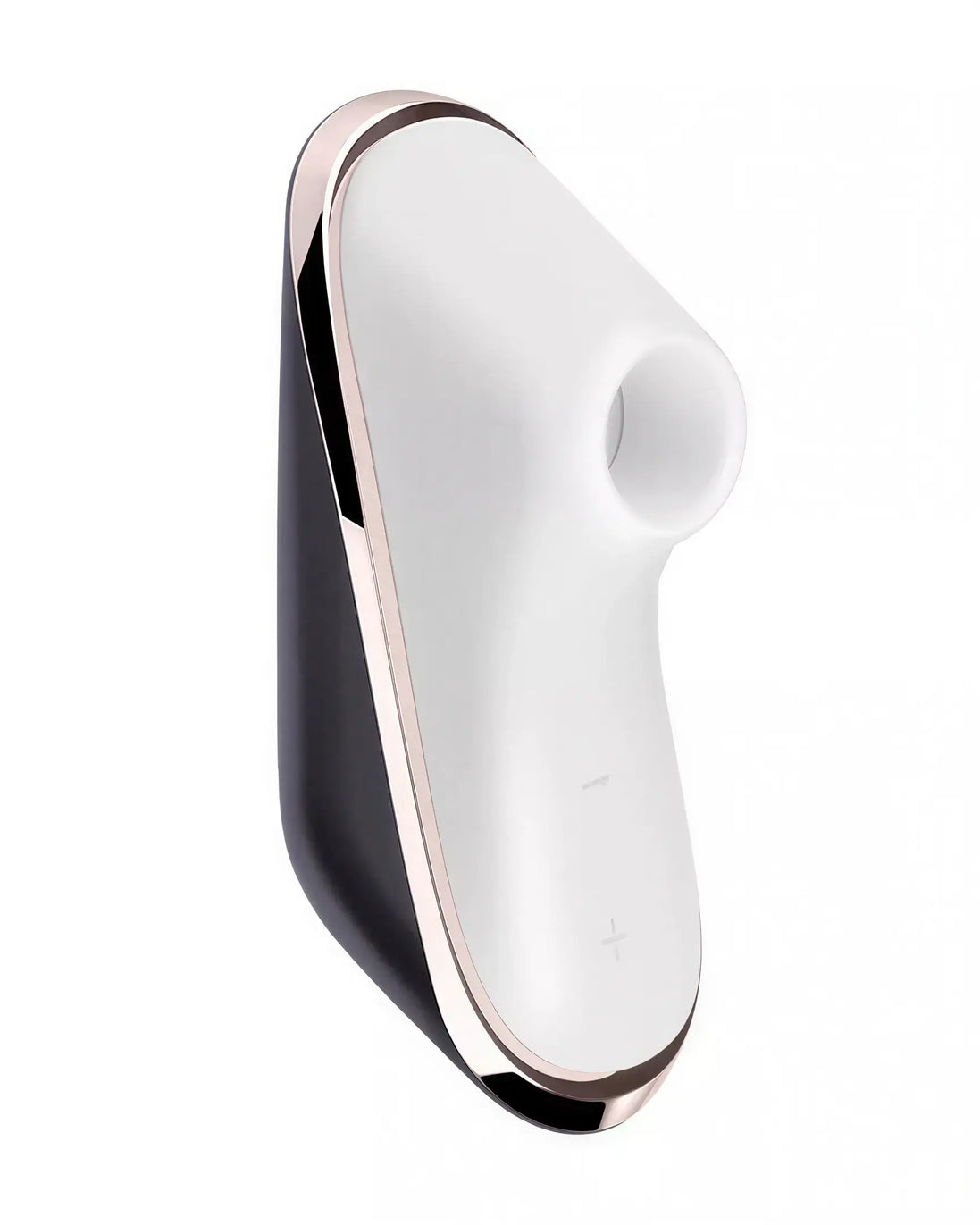 Satisfyer Pro Traveler in white and black with rose gold accents, featuring a curved design and control buttons.