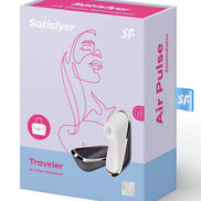 Satisfyer Pro Traveler air pulse stimulator in a purple and white box with a minimalist design and a handle.