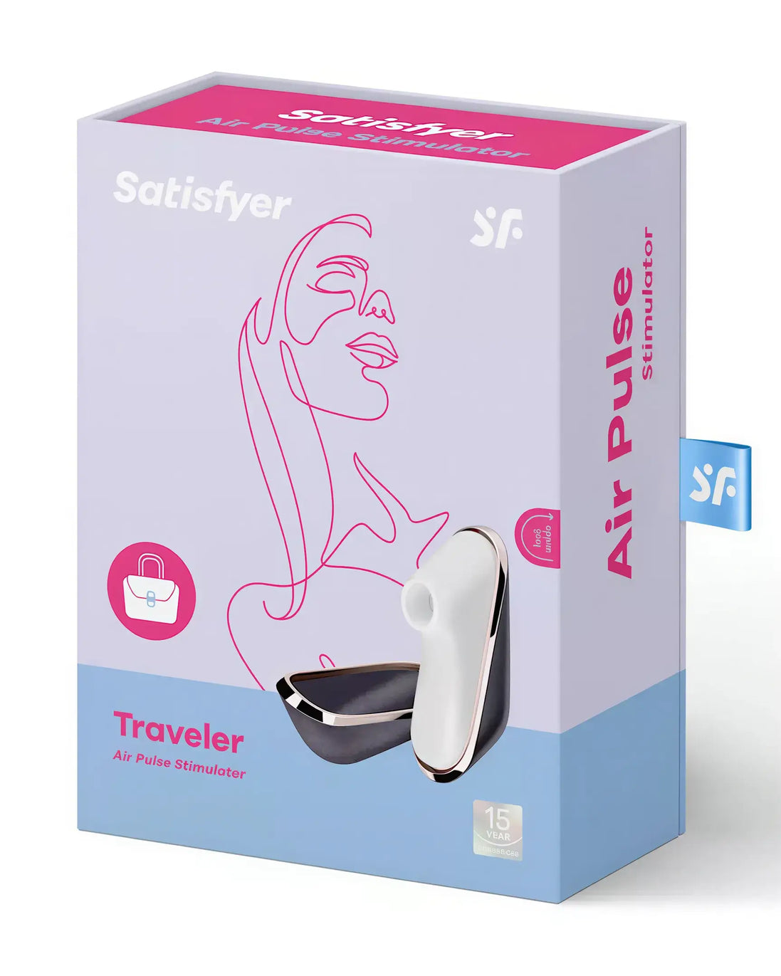 Satisfyer Pro Traveler air pulse stimulator in a purple and white box with a minimalist design and a handle.