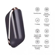 Satisfyer Pro Traveler in sleek gray with rose gold accents, featuring 11 settings and a magnetic closure.