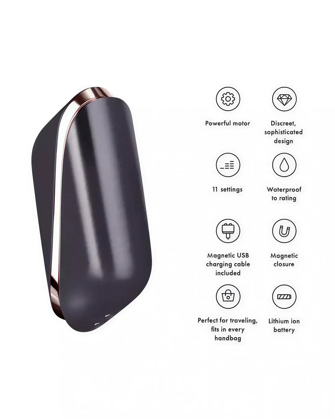 Satisfyer Pro Traveler in sleek gray with rose gold accents, featuring 11 settings and a magnetic closure.