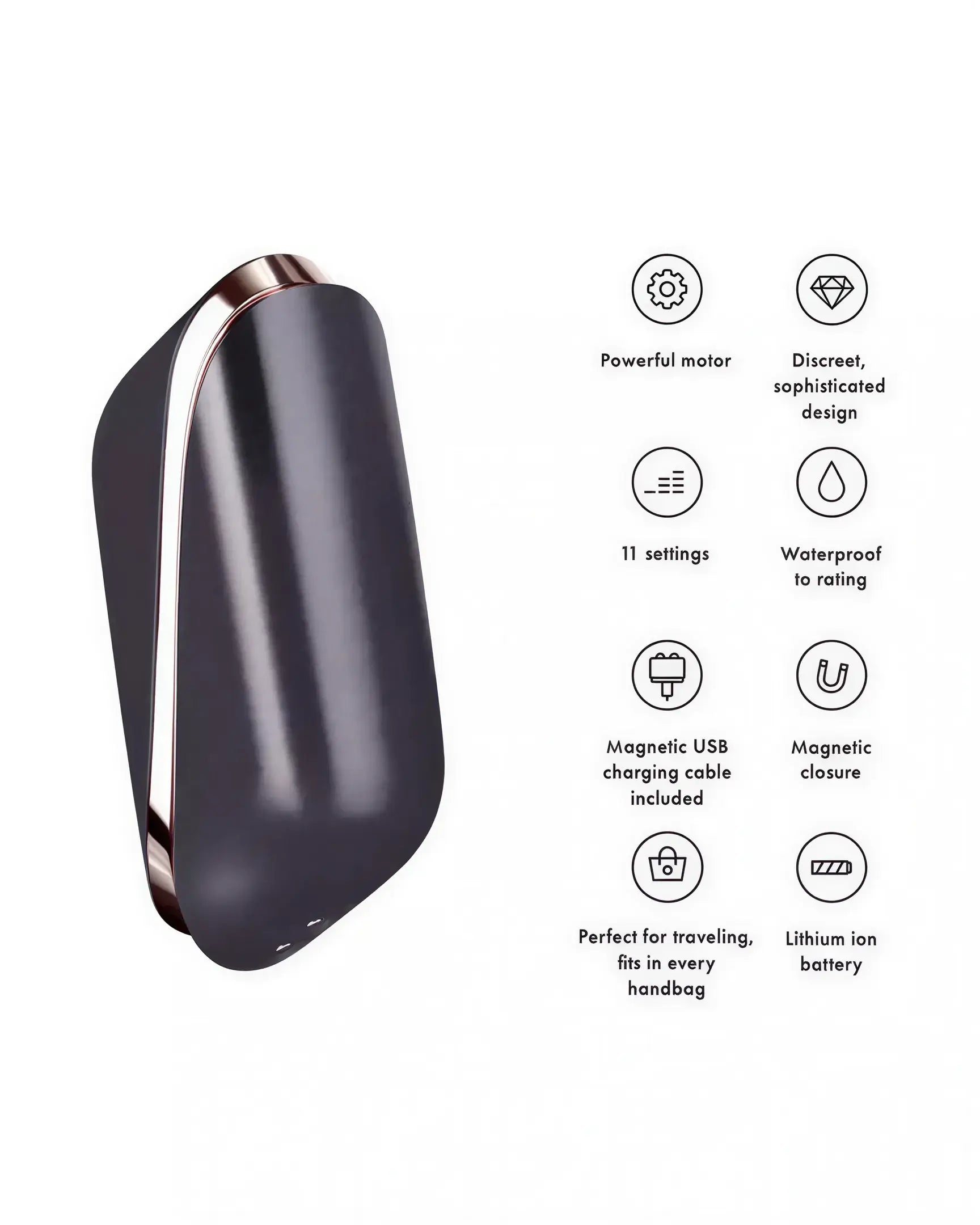 Satisfyer Pro Traveler in sleek gray with rose gold accents, featuring 11 settings and a magnetic closure.