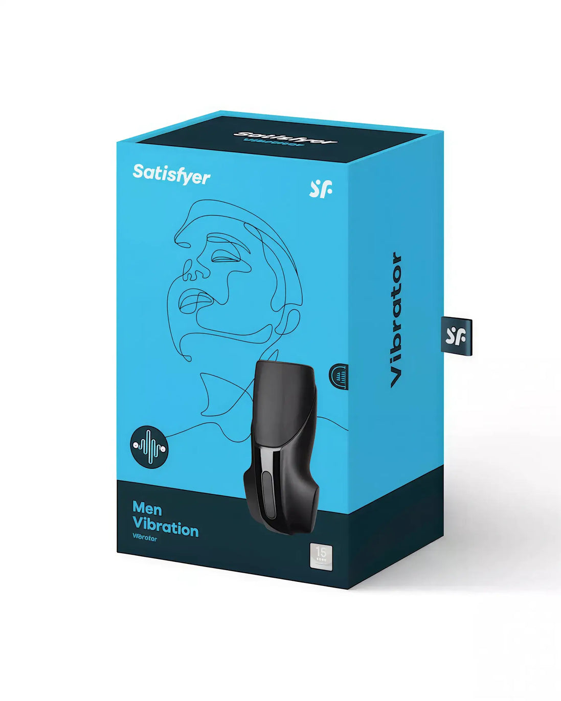 Satisfyer Men vibration masturbator in a blue box featuring a minimalist design and product details on the front.