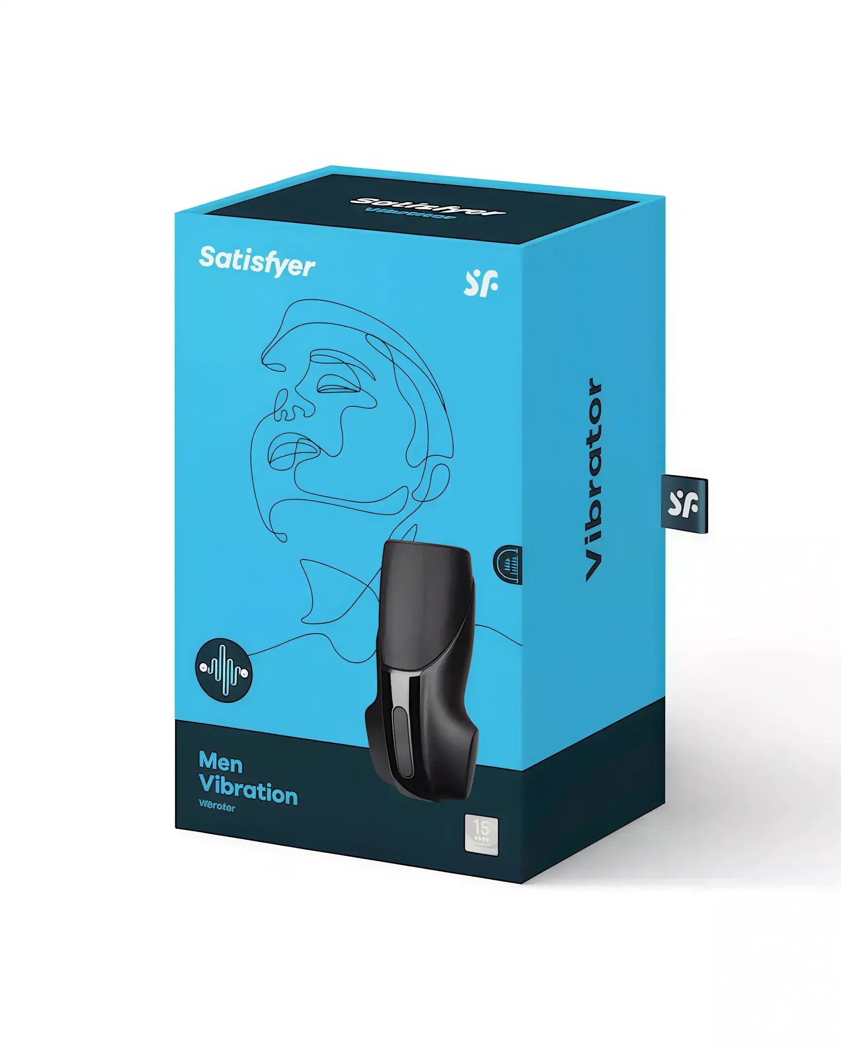 Satisfyer Men vibration masturbator in a blue box featuring a minimalist design and product details on the front.