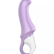 Satisfyer Vibes Charming Smile vibrator in purple with a curved design and white base, featuring a handle for easy grip.