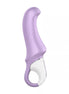 Satisfyer Vibes Charming Smile vibrator in purple with a curved design and white base, featuring a handle for easy grip.