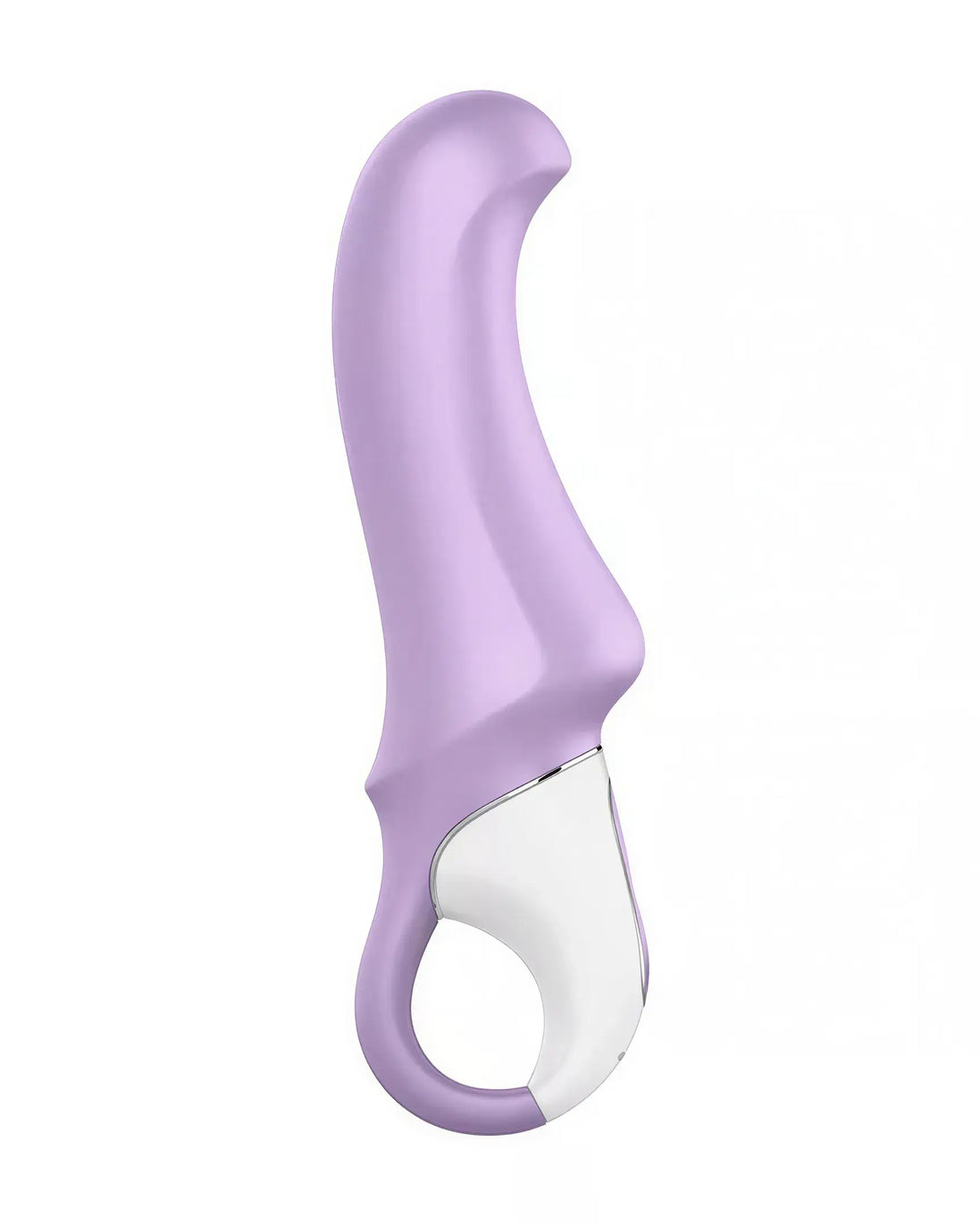 Satisfyer Vibes Charming Smile vibrator in purple with a curved design and white base, featuring a handle for easy grip.