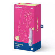 Satisfyer Vibes Charming Smile vibrator in a pink and blue box with a minimalist design and product details on the front.