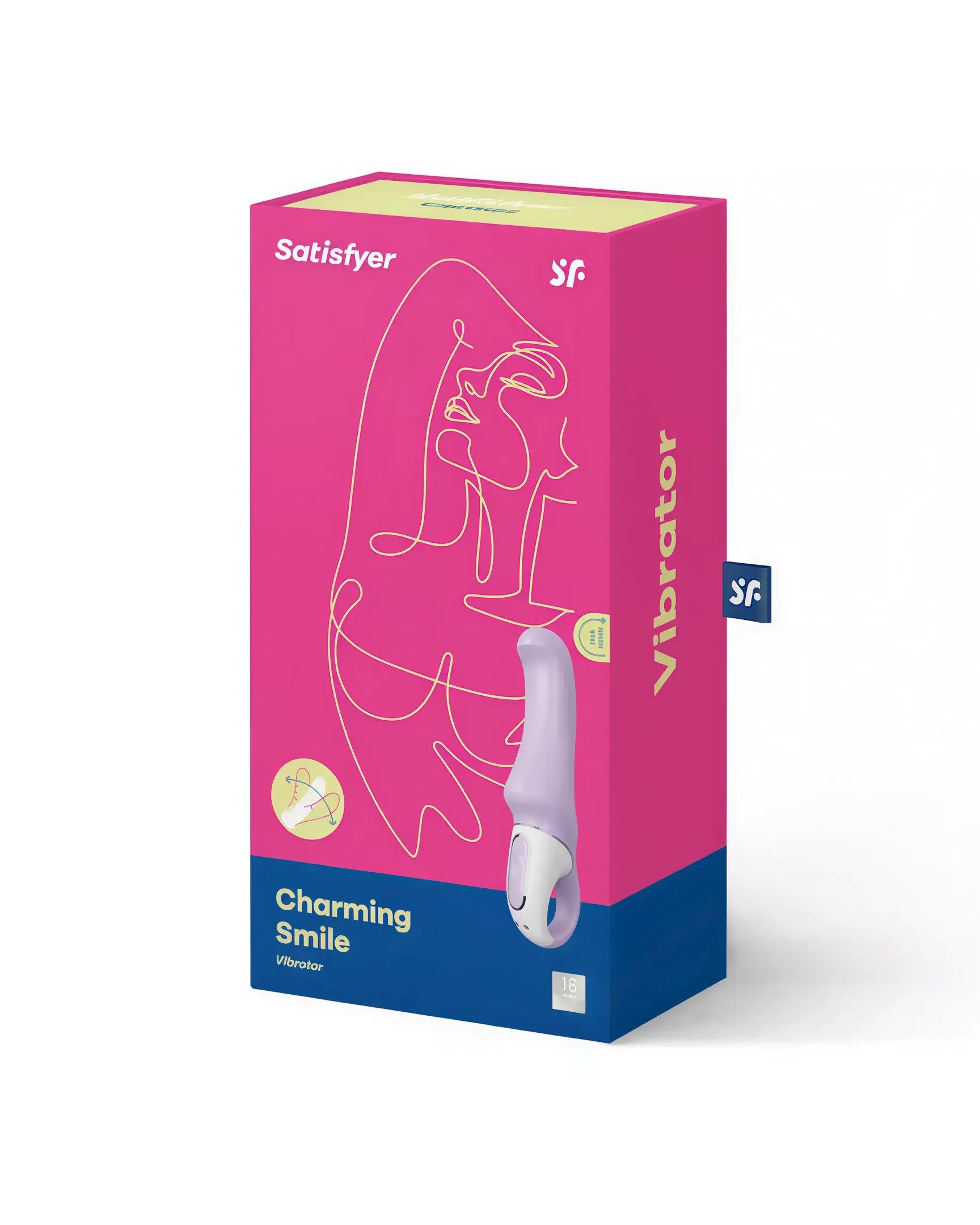 Satisfyer Vibes Charming Smile vibrator in a pink and blue box with a minimalist design and product details on the front.
