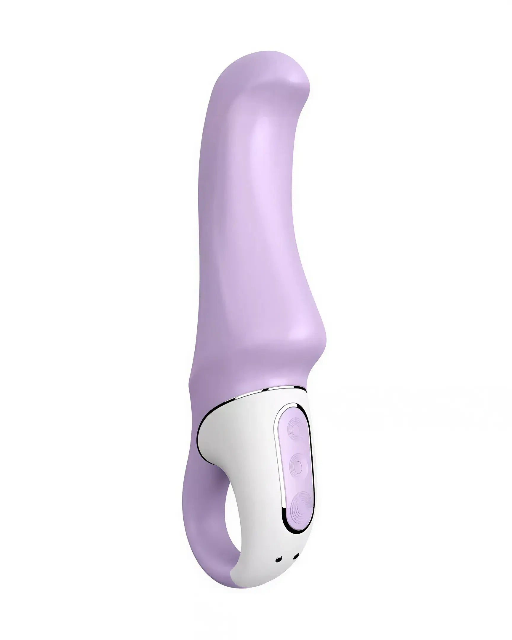 Satisfyer Vibes Charming Smile vibrator in light purple with a curved design and control buttons on the base.