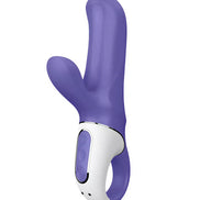 Satisfyer Vibes Magic Bunny in purple and white, featuring a curved design and dual stimulation arms.