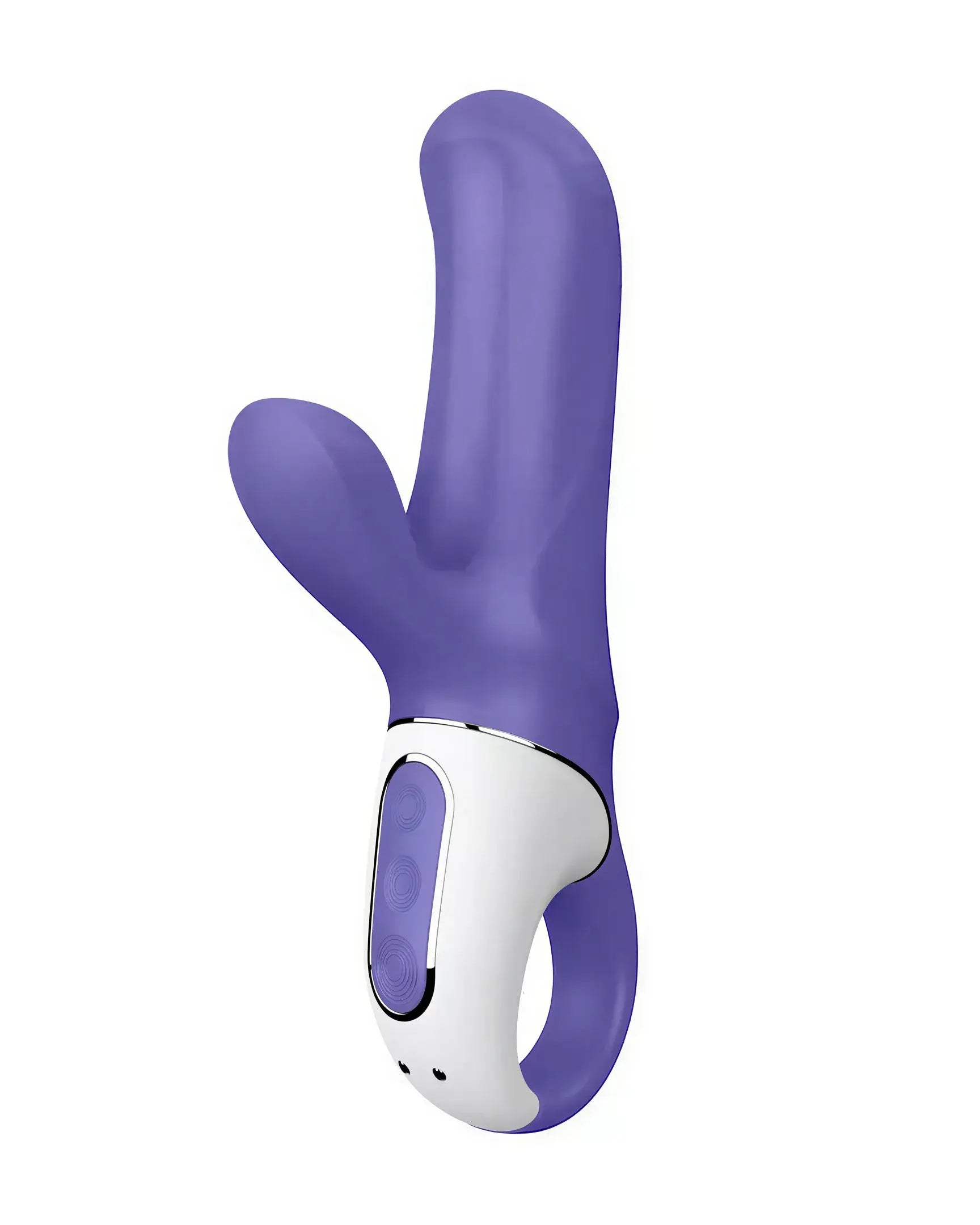 Satisfyer Vibes Magic Bunny in purple and white, featuring a curved design and dual stimulation arms.