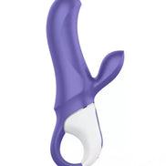 Satisfyer Vibes Magic Bunny in purple with a curved design and a rabbit ear attachment for dual stimulation.