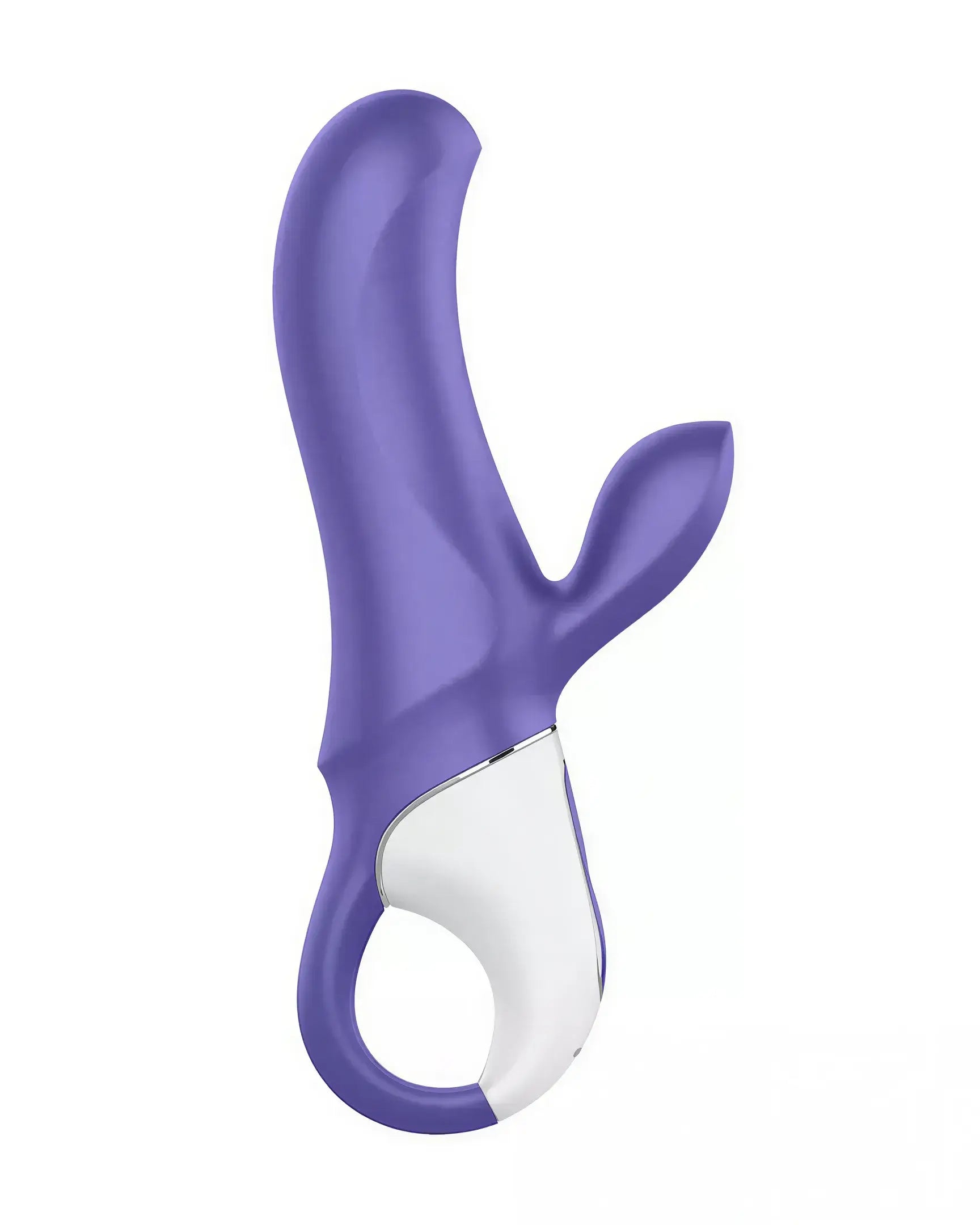 Satisfyer Vibes Magic Bunny in purple with a curved design and a rabbit ear attachment for dual stimulation.