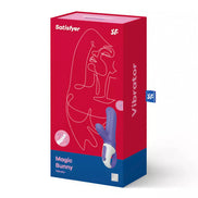 Satisfyer Vibes Magic Bunny vibrator in a red and blue box with line art design and product details on the front.