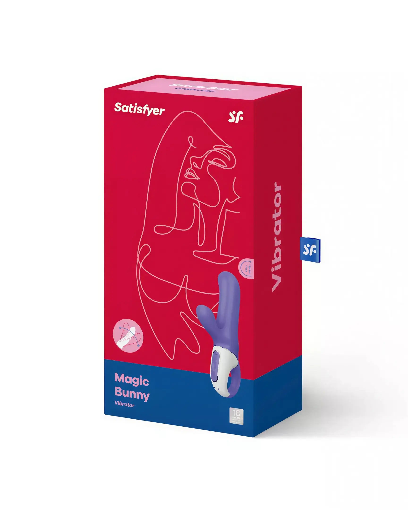 Satisfyer Vibes Magic Bunny vibrator in a red and blue box with line art design and product details on the front.