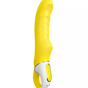 Satisfyer Vibes Yummy Sunshine vibrator in bright yellow with a curved design and white control button.
