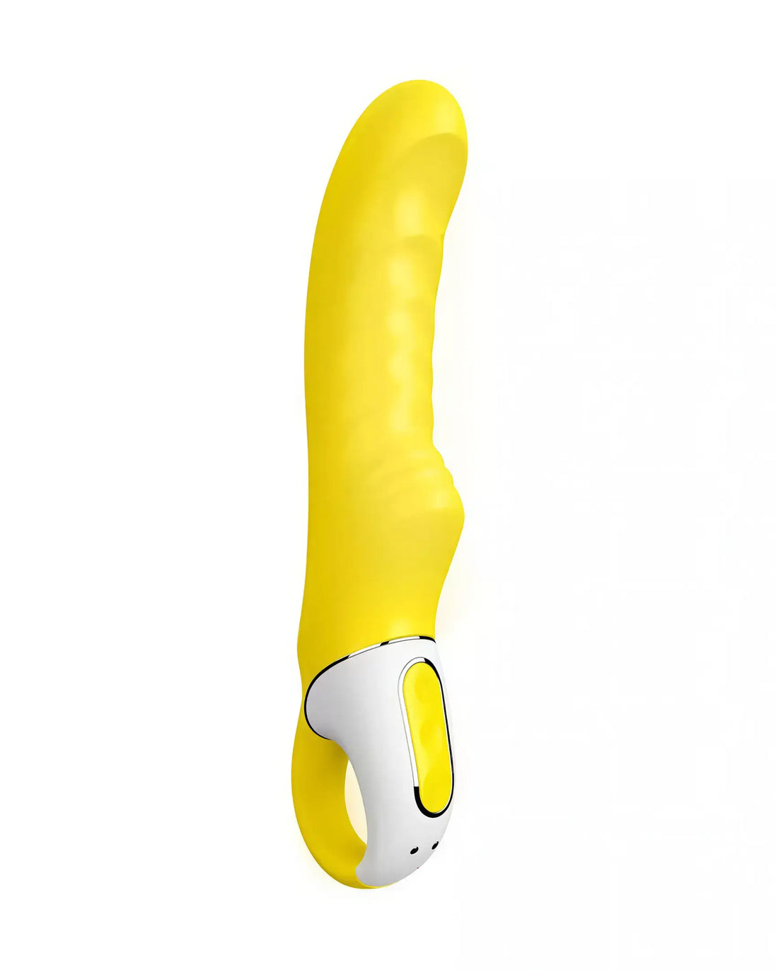Satisfyer Vibes Yummy Sunshine vibrator in bright yellow with a curved design and white control button.