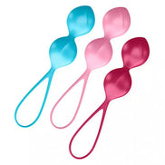 Satisfyer V Balls in blue, pink, and red colors with ergonomic design and loop handles for easy use.