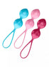 Satisfyer V Balls in blue, pink, and red colors with ergonomic design and loop handles for easy use.