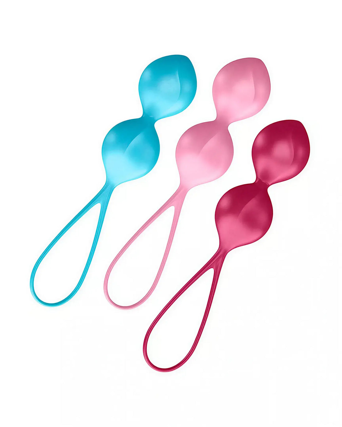 Satisfyer V Balls in blue, pink, and red colors with ergonomic design and loop handles for easy use.