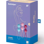 Satisfyer V Balls training set in a purple box featuring three balls in blue, pink, and light pink colors.