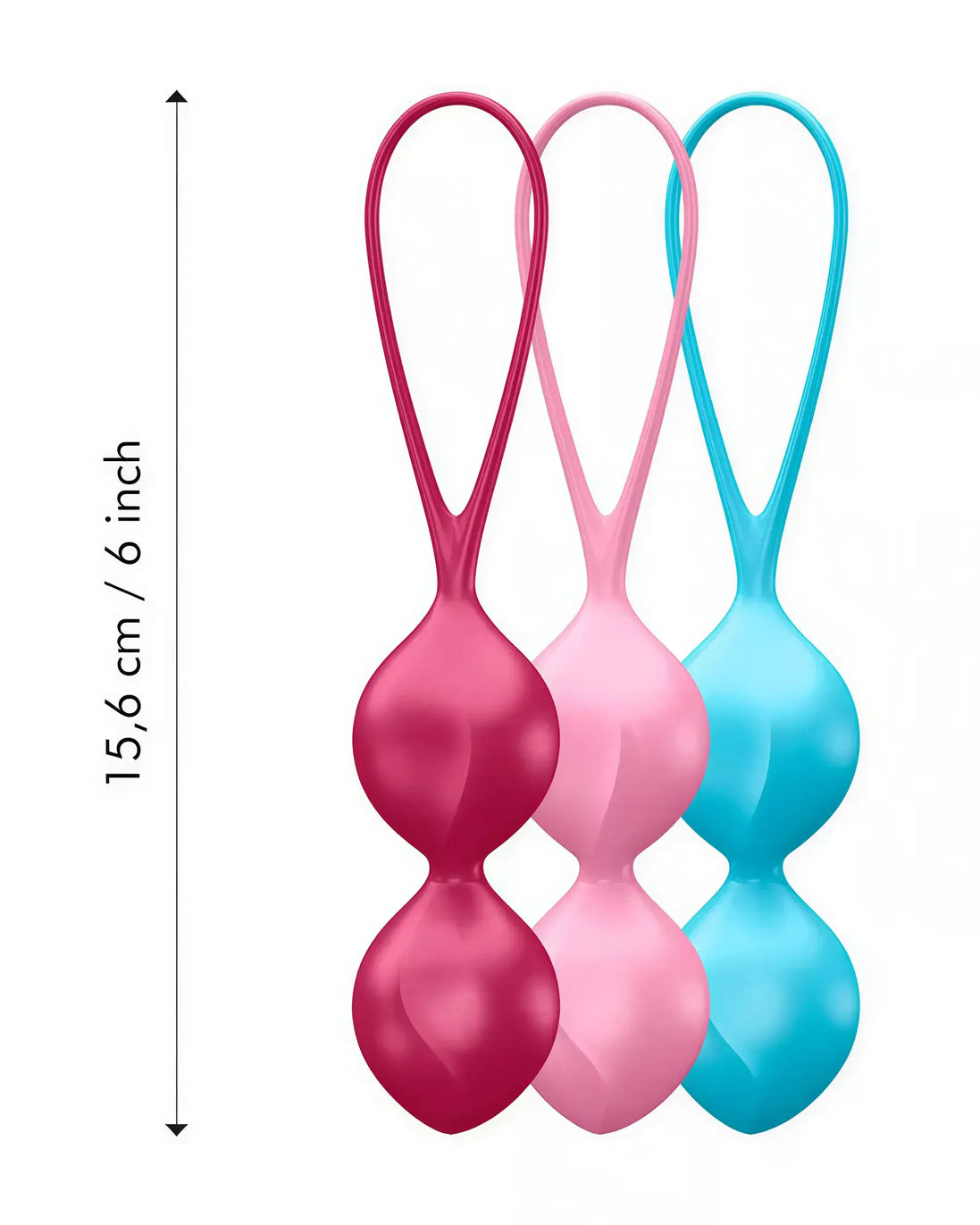 Satisfyer V Balls in pink, blue, and red, each with a loop for easy handling, measuring 15.6 cm in length.