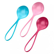 Satisfyer strengthening balls in blue, pink, and red colors with ergonomic handles for easy grip.