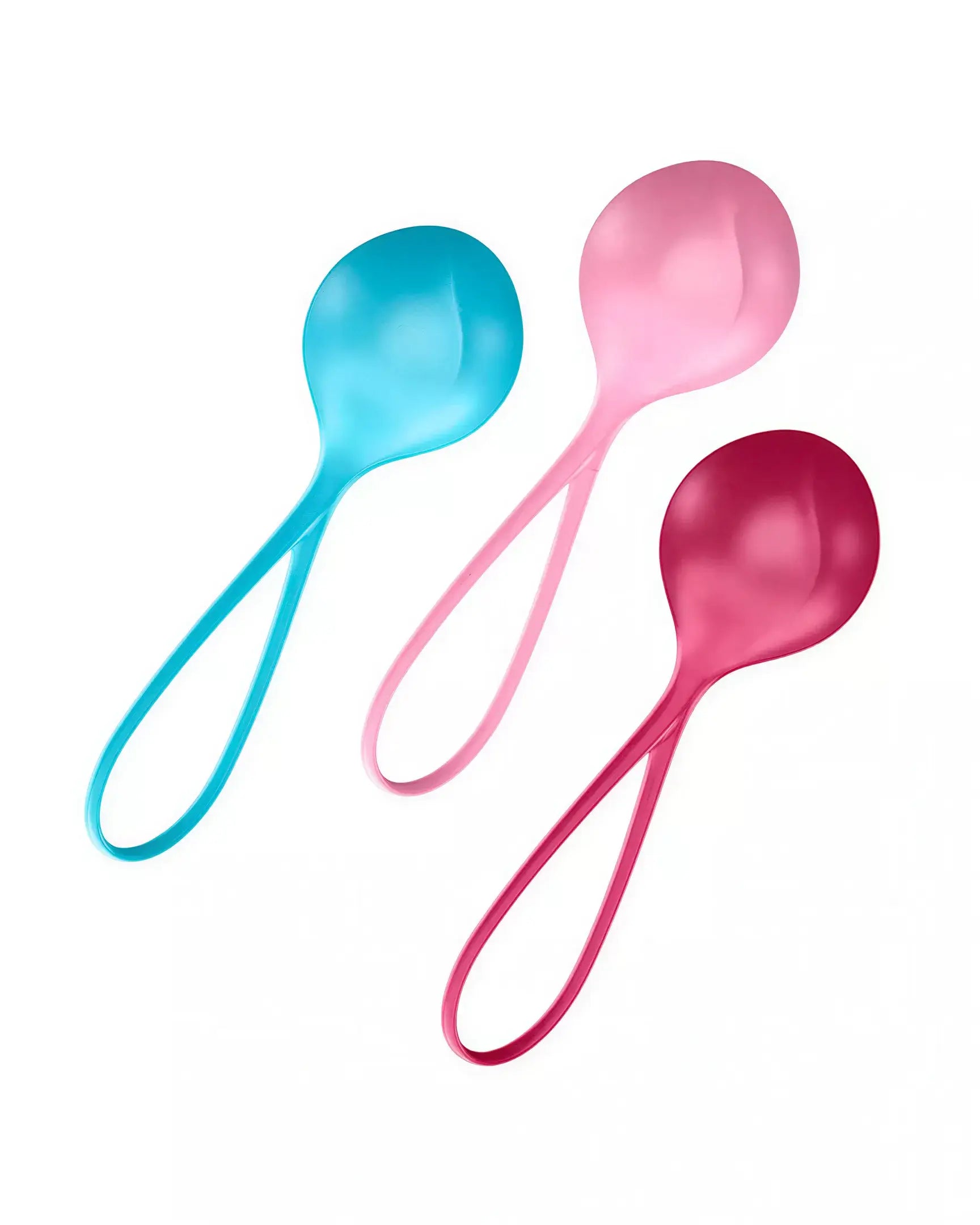 Satisfyer strengthening balls in blue, pink, and red colors with ergonomic handles for easy grip.