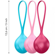 Satisfyer strengthening balls in blue, pink, and red, each measuring 12.6 cm with elongated handles.