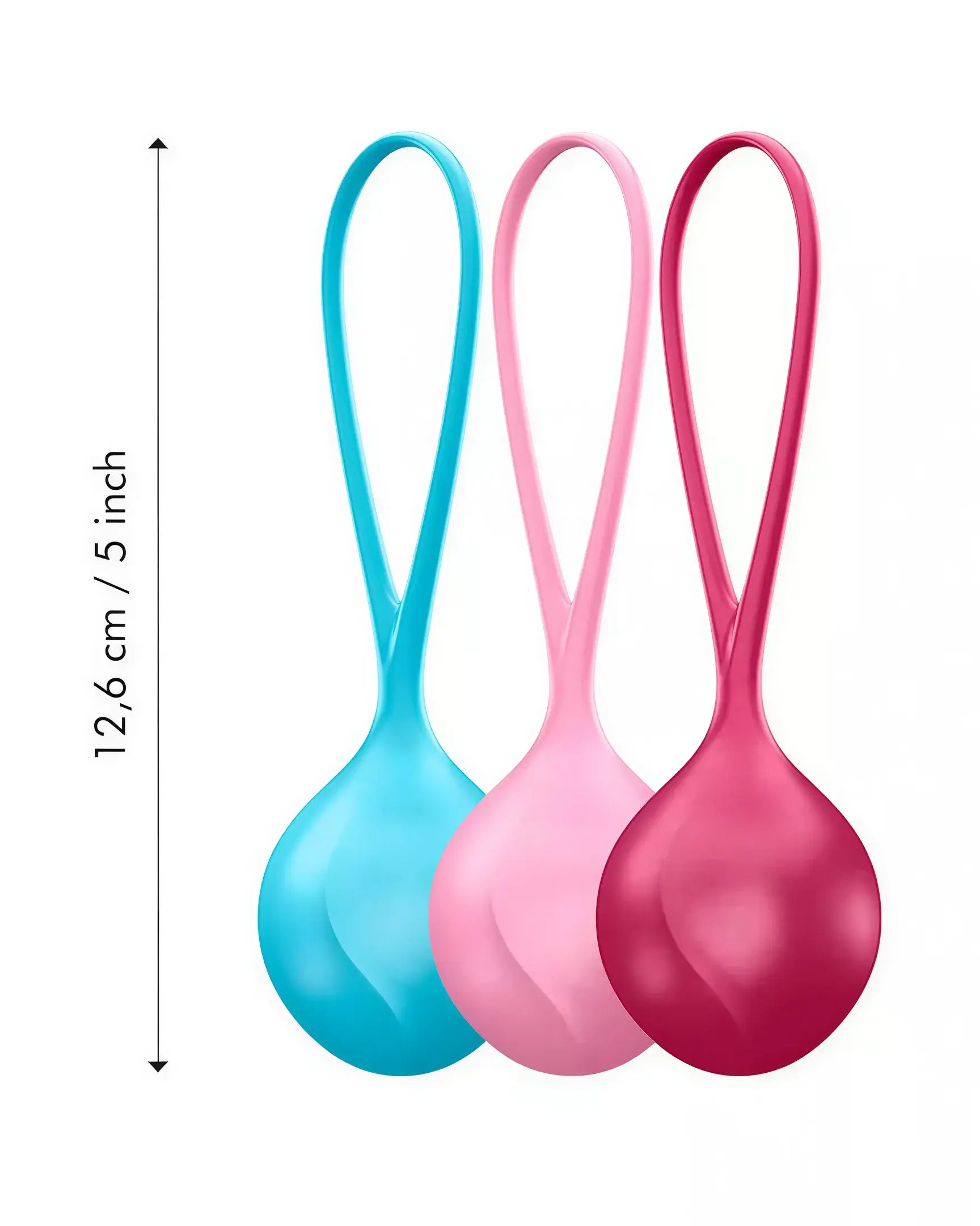 Satisfyer strengthening balls in blue, pink, and red, each measuring 12.6 cm with elongated handles.