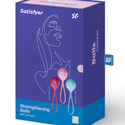 Satisfyer Strengthening Balls training set in a blue box featuring two colorful balls and a minimalist design.