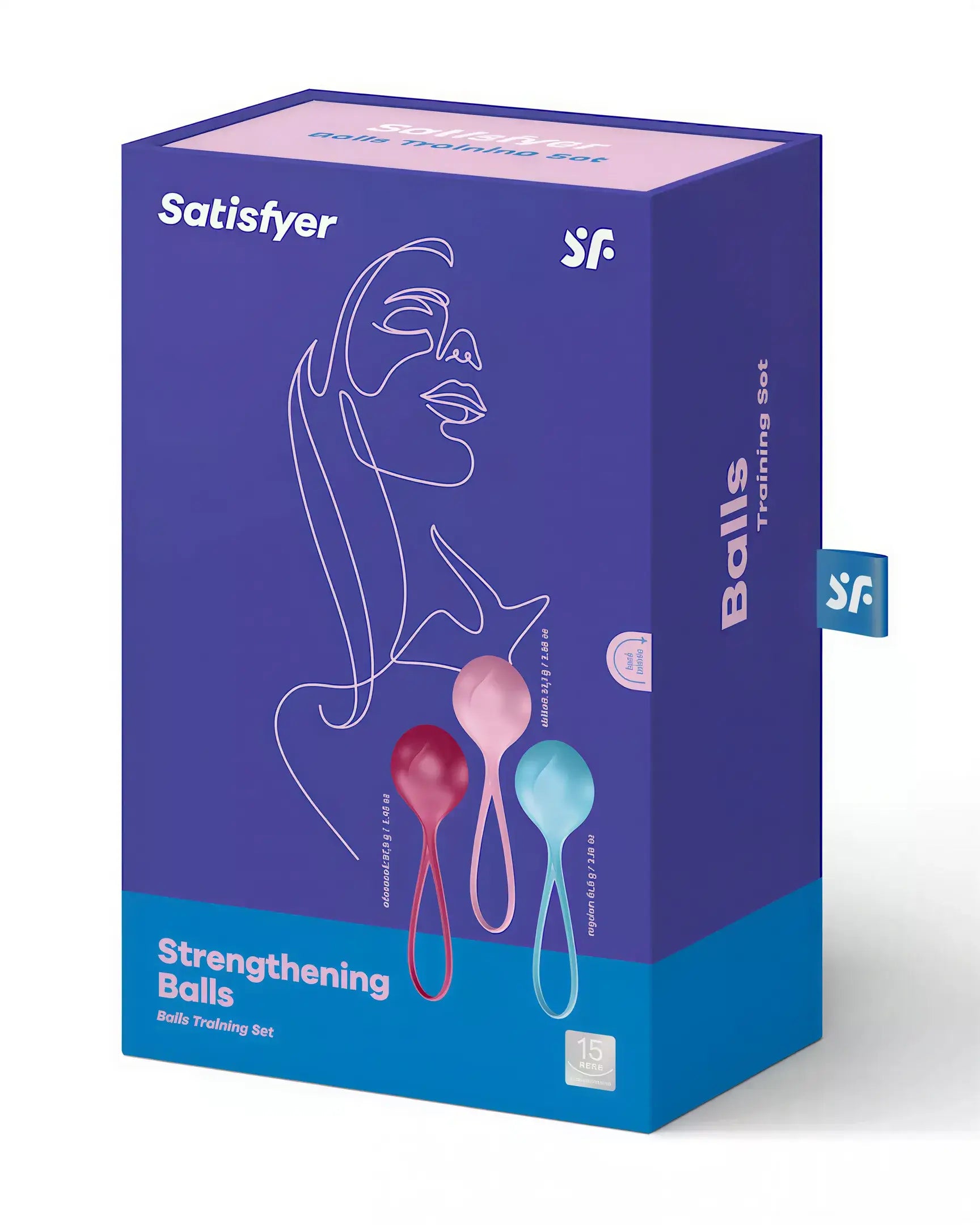 Satisfyer Strengthening Balls training set in a blue box featuring two colorful balls and a minimalist design.
