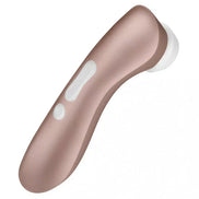 Satisfyer Pro 2 Plus in rose gold with a curved design and control buttons on the side, angled view.